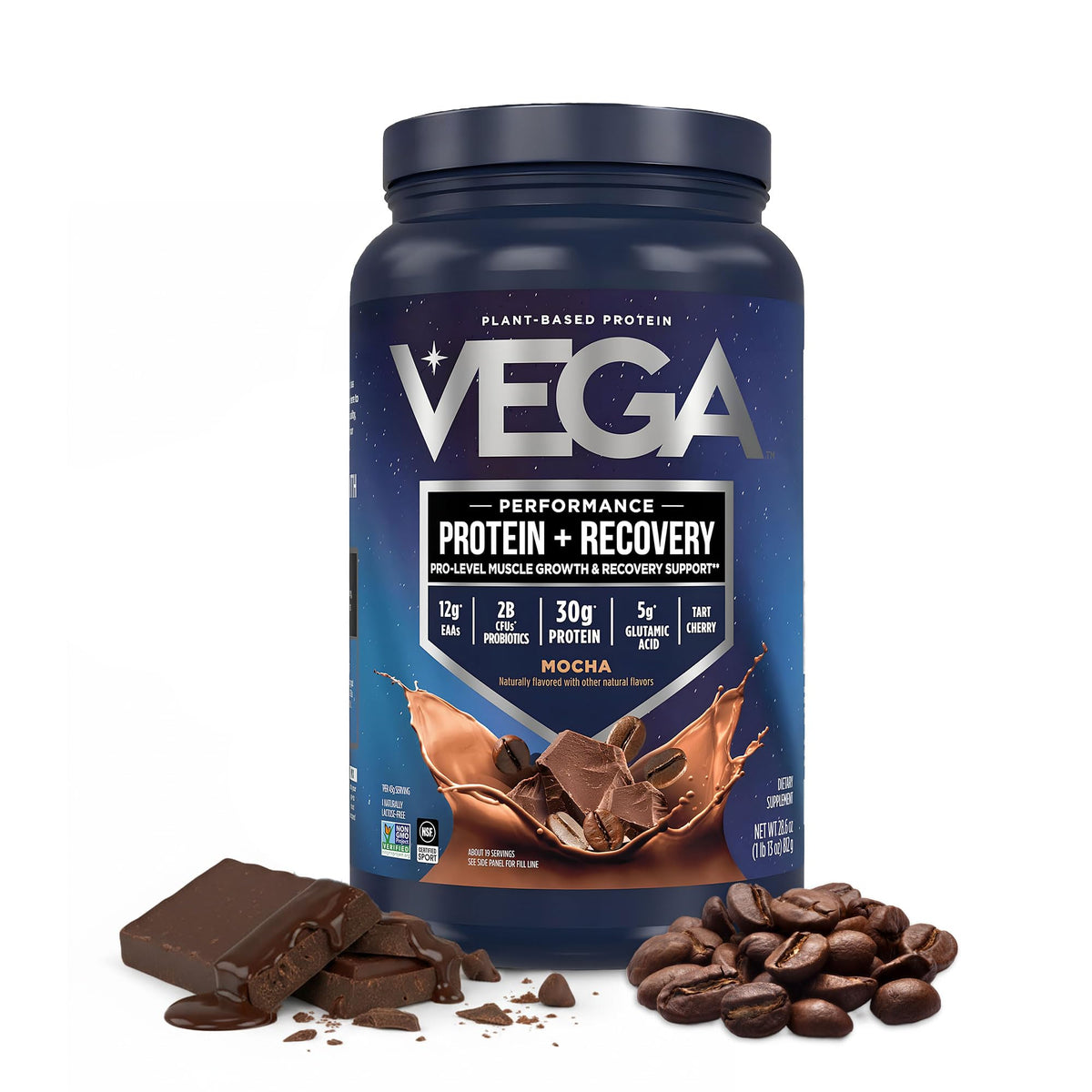 Vega Protein + Recovery, Mocha – 30g Vegan Protein, Dairy & Gluten Free, Probiotics, NSF Certified, 67.2 oz (45 Servings)